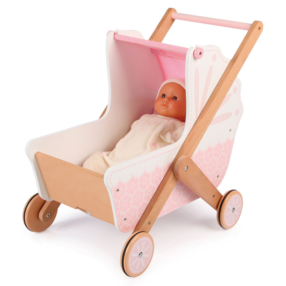 Pink wooden dolls pram online